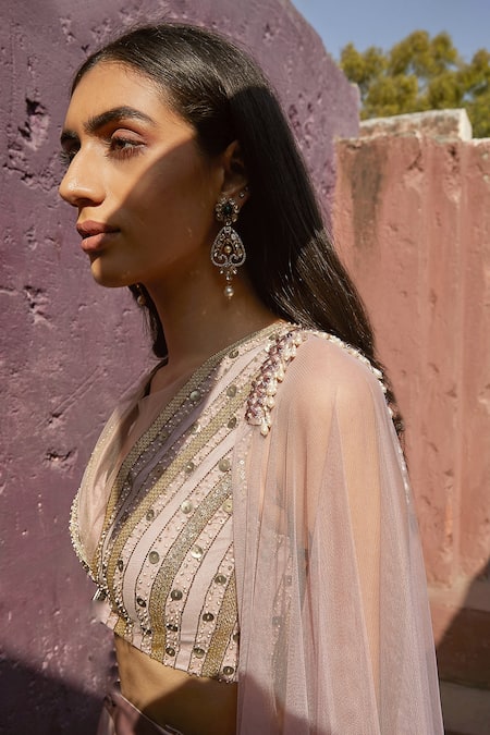 Radhika & Raghav_Purple Satin And Tulle Bead & Thread, Sequin V Neck Lehenga Set_Online_at_Aza_Fashions