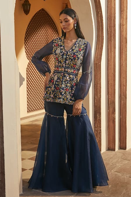 Radhika & Raghav Blue Silk And Organza Embroidery Sequin V Neck Kurta & Sharara Set 