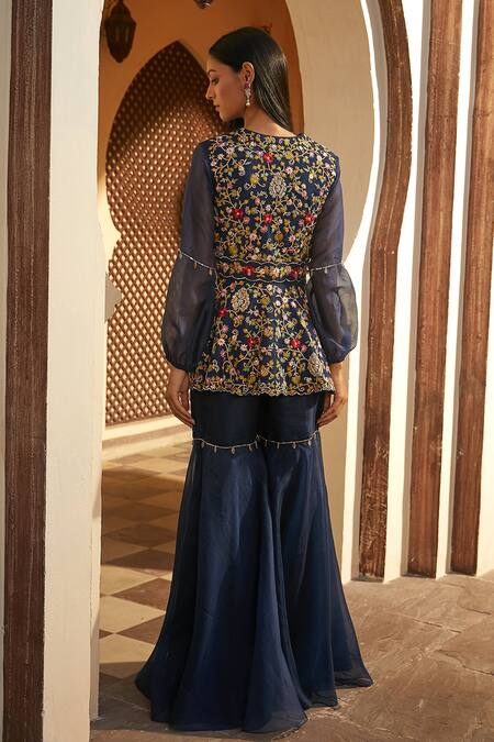 Shop Radhika & Raghav Blue Silk And Organza Embroidery Sequin V Neck Kurta & Sharara Set at Aza Fashions Shop_Radhika & Raghav_Blue Silk And Organza Embroidery Sequin V Neck Kurta & Sharara Set _at_Aza_Fashions