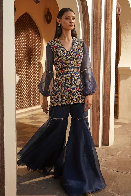 Radhika & Raghav Blue Silk And Organza Embroidery Sequin V Neck Kurta & Sharara Set Online at Aza Fashions Radhika & Raghav_Blue Silk And Organza Embroidery Sequin V Neck Kurta & Sharara Set _Online_at_Aza_Fashions