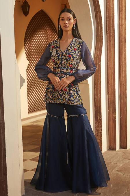 Buy Radhika & Raghav Blue Silk And Organza Embroidery Sequin V Neck Kurta & Sharara Set Online at Aza Fashions Buy_Radhika & Raghav_Blue Silk And Organza Embroidery Sequin V Neck Kurta & Sharara Set _Online_at_Aza_Fashions