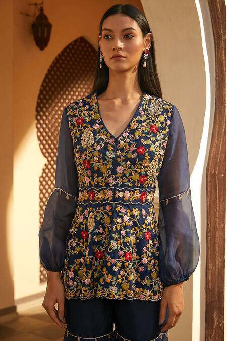 Radhika & Raghav Blue Silk And Organza Embroidery Sequin V Neck Kurta & Sharara Set at Aza Fashions Radhika & Raghav_Blue Silk And Organza Embroidery Sequin V Neck Kurta & Sharara Set _at_Aza_Fashions