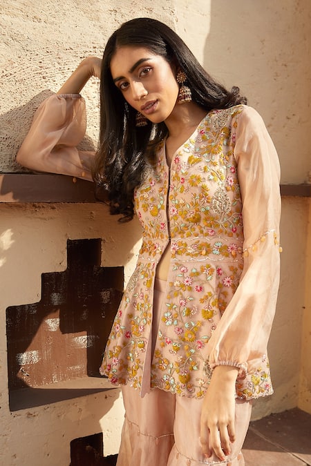 Radhika & Raghav Peach Silk And Organza Embroidery Sequin V Neck Kurta & Sharara Set  