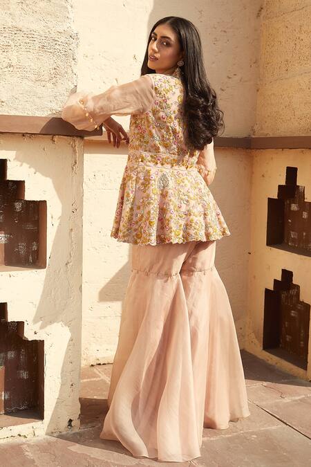 Shop Radhika & Raghav Peach Silk And Organza Embroidery Sequin V Neck Kurta & Sharara Set at Aza Fashions Shop_Radhika & Raghav_Peach Silk And Organza Embroidery Sequin V Neck Kurta & Sharara Set _at_Aza_Fashions