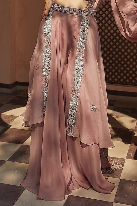 Shop_Radhika & Raghav_Brown Organza And Tulle Embroidery Sequin Square Neck Cape Sharara Set _Online_at_Aza_Fashions