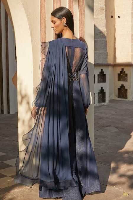 Shop Radhika & Raghav Blue Georgette Embroidery Sequin V Neck Draped Jumpsuit With Belt at Aza Fashions Shop_Radhika & Raghav_Blue Georgette Embroidery Sequin V Neck Draped Jumpsuit With Belt _at_Aza_Fashions