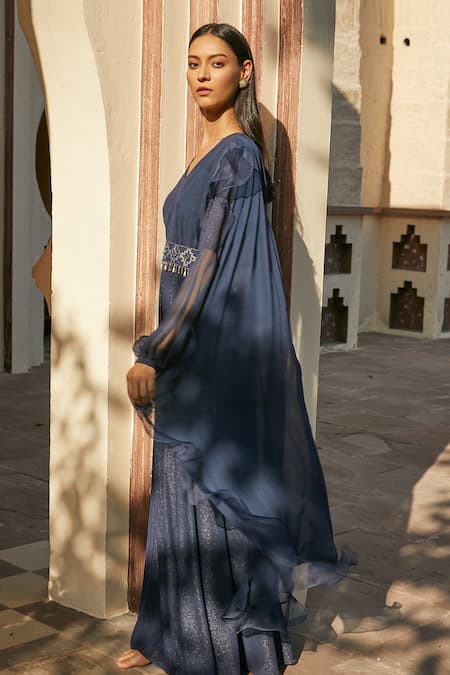 Radhika & Raghav Blue Georgette Embroidery Sequin V Neck Draped Jumpsuit With Belt Online at Aza Fashions Radhika & Raghav_Blue Georgette Embroidery Sequin V Neck Draped Jumpsuit With Belt _Online_at_Aza_Fashions