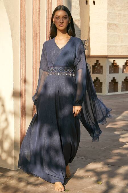 Buy Radhika & Raghav Blue Georgette Embroidery Sequin V Neck Draped Jumpsuit With Belt Online at Aza Fashions Buy_Radhika & Raghav_Blue Georgette Embroidery Sequin V Neck Draped Jumpsuit With Belt _Online_at_Aza_Fashions