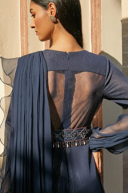 Radhika & Raghav Blue Georgette Embroidery Sequin V Neck Draped Jumpsuit With Belt at Aza Fashions Radhika & Raghav_Blue Georgette Embroidery Sequin V Neck Draped Jumpsuit With Belt _at_Aza_Fashions