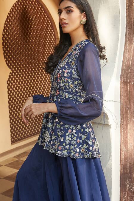Buy_Radhika & Raghav_Blue Organza And Tulle Embroidery Sequin V Neck Kurta Sharara Set _Online_at_Aza_Fashions