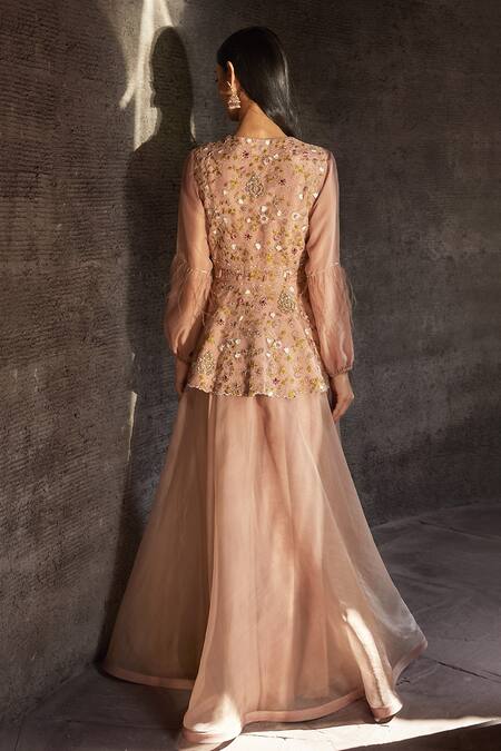 Shop Radhika & Raghav Brown Organza And Tulle Embroidery Sequin V Neck Kurta Sharara Set at Aza Fashions Shop_Radhika & Raghav_Brown Organza And Tulle Embroidery Sequin V Neck Kurta Sharara Set _at_Aza_Fashions