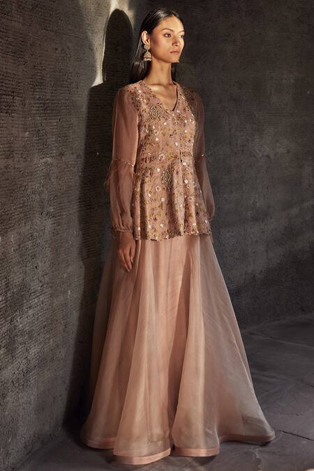 Radhika & Raghav Brown Organza And Tulle Embroidery Sequin V Neck Kurta Sharara Set Online at Aza Fashions Radhika & Raghav_Brown Organza And Tulle Embroidery Sequin V Neck Kurta Sharara Set _Online_at_Aza_Fashions