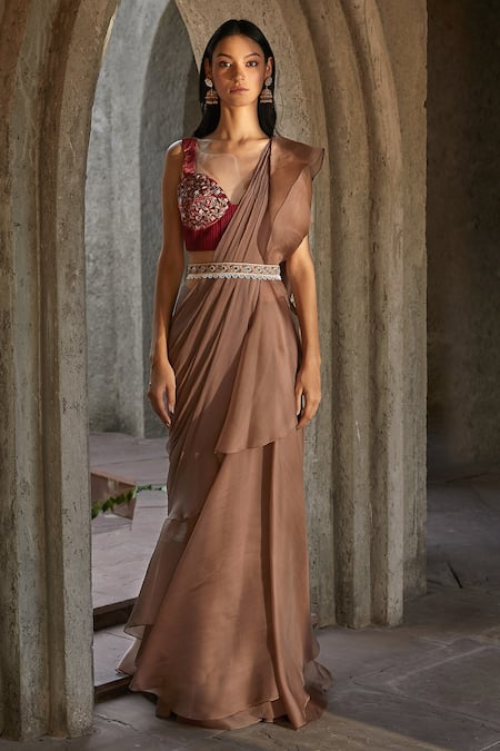 Sage Green Crepe Silk Hand Embroidered Pre-Stitched Saree Set Design by  Quench A Thirst at Pernia's Pop Up Shop 2024