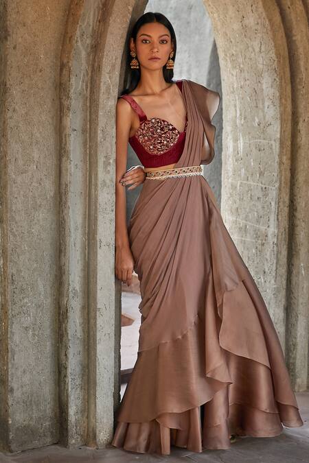 Radhika & Raghav_Brown Chiffon, Silk Organza, Tulle And Ruffle Pre-stitched Saree With Blouse_Online_at_Aza_Fashions