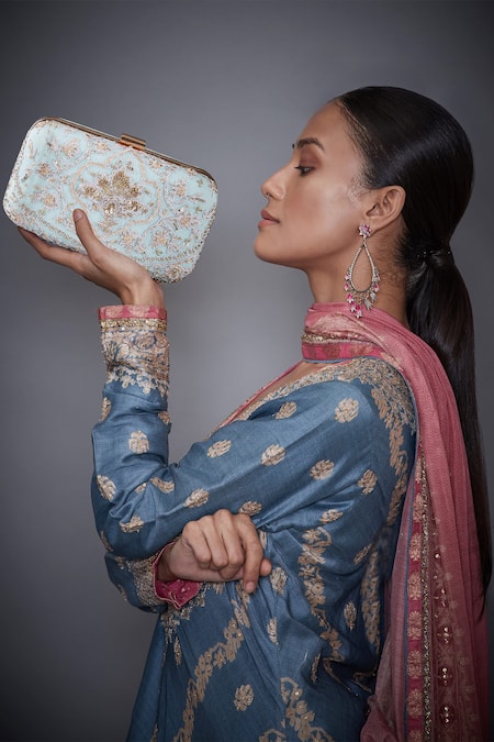 RI.Ritu Kumar Green Embroidered Box Clutch 