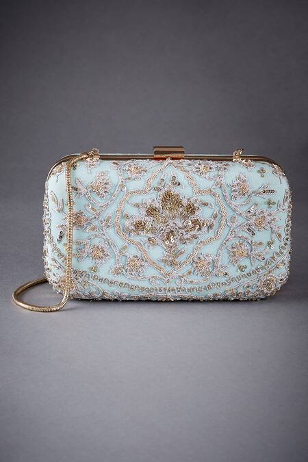 Shop RI.Ritu Kumar Green Embroidered Box Clutch at Aza Fashions Shop_RI.Ritu Kumar_Green Embroidered Box Clutch_at_Aza_Fashions
