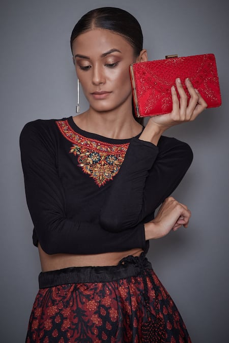 RI.Ritu Kumar Red Embroidered Box Clutch 