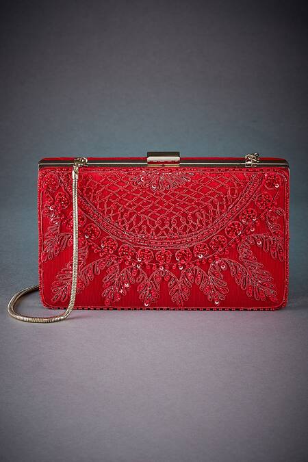 Shop_RI.Ritu Kumar_Red Embroidered Box Clutch_at_Aza_Fashions