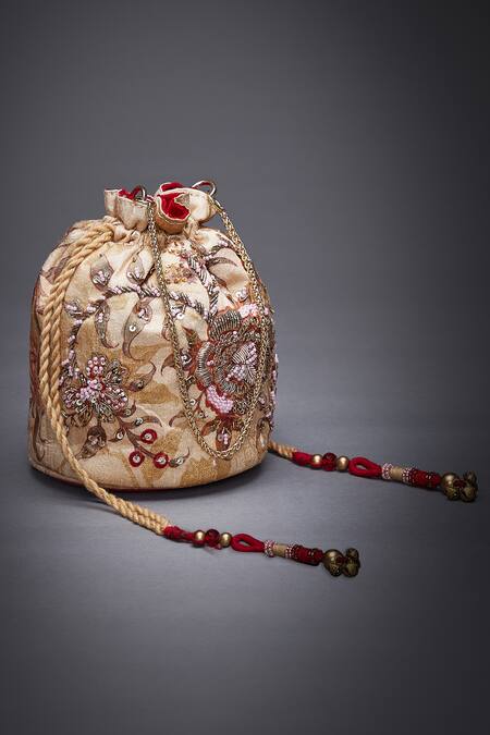 Shop_RI.Ritu Kumar_Gold Embroidery Potli Bag_at_Aza_Fashions