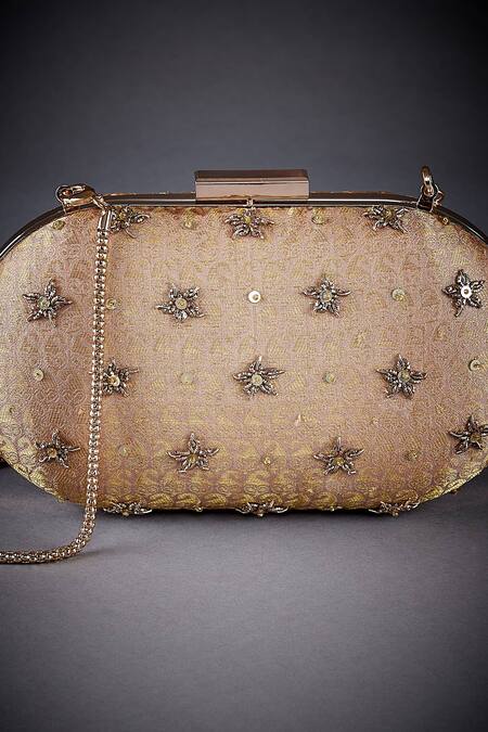 RI.Ritu Kumar_Gold Beads Embellished Clutch_at_Aza_Fashions