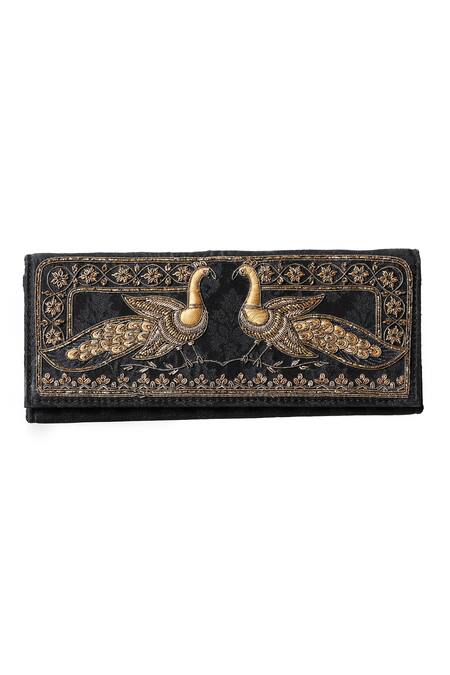 Shop_RI.Ritu Kumar_Black Embroidered Flapover Clutch_at_Aza_Fashions