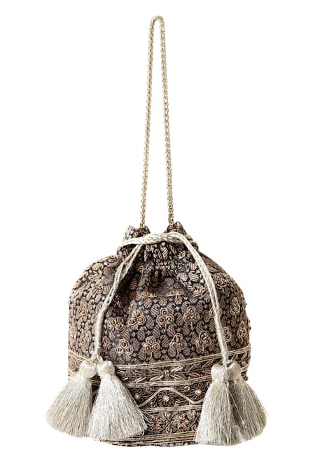 RI.Ritu Kumar Black Beads Embellished Bucket Bag 