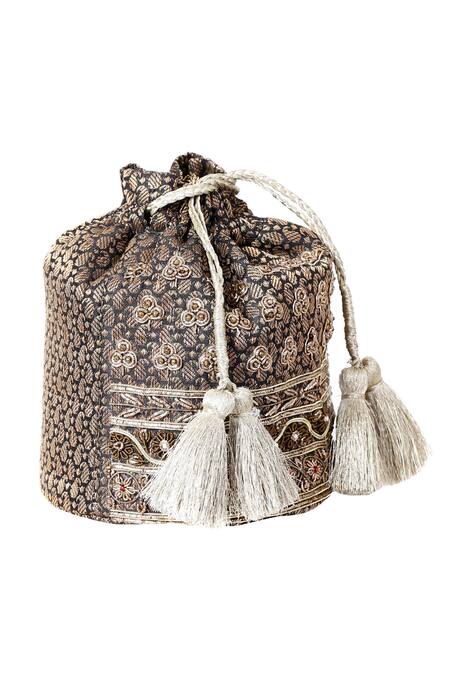 Shop_RI.Ritu Kumar_Black Beads Embellished Bucket Bag_at_Aza_Fashions