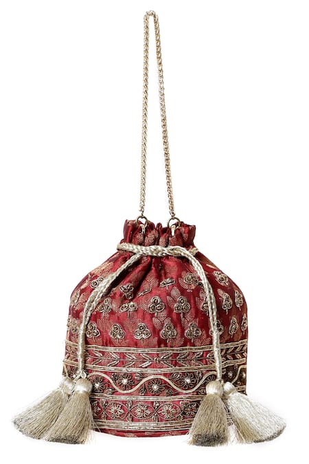 RI.Ritu Kumar Maroon Beads Embellished Bucket Bag 