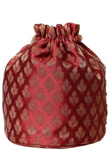 Shop_RI.Ritu Kumar_Maroon Beads Embellished Bucket Bag_at_Aza_Fashions