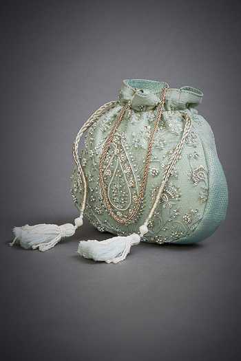 RI.Ritu Kumar_Blue Embroidery, Beads Brocade Potli Bag_Online_at_Aza_Fashions