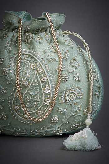 Shop_RI.Ritu Kumar_Blue Embroidery, Beads Brocade Potli Bag_Online_at_Aza_Fashions
