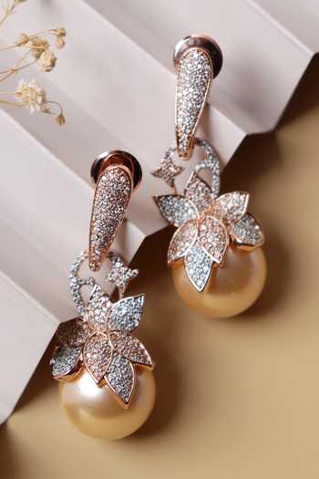 Buy_Curio Cottage_Gold Plated Cubic Zirconia And Pearl Drop Earrings_Online_at_Aza_Fashions