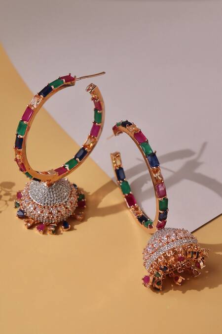 Buy_Curio Cottage_Multi Color Cubic Zirconia And Stones Jhumkis_Online_at_Aza_Fashions