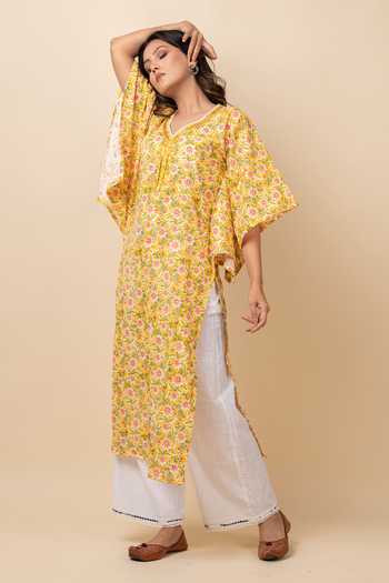 Kalakaari By Sagarika Yellow Cotton Floral V Neck Printed Kaftan And Pant Set Online at Aza Fashions Kalakaari By Sagarika_Yellow Cotton Floral V Neck Printed Kaftan And Pant Set _Online_at_Aza_Fashions