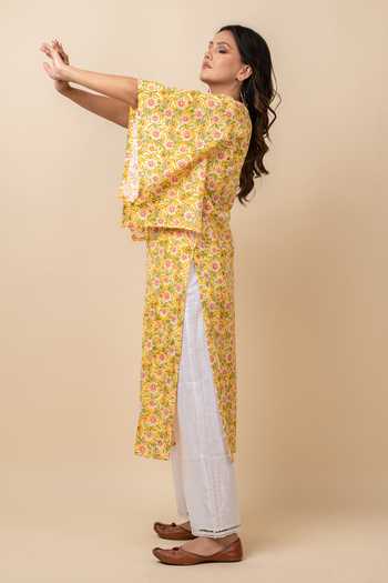 Shop Kalakaari By Sagarika Yellow Cotton Floral V Neck Printed Kaftan And Pant Set Online at Aza Fashions Shop_Kalakaari By Sagarika_Yellow Cotton Floral V Neck Printed Kaftan And Pant Set _Online_at_Aza_Fashions