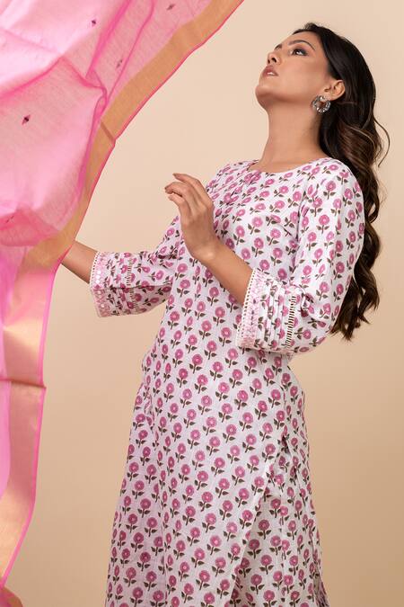 Shop_Kalakaari By Sagarika_White Cotton, Chanderi Lace, Mirrors Floral Print Kurta Set_Online_at_Aza_Fashions