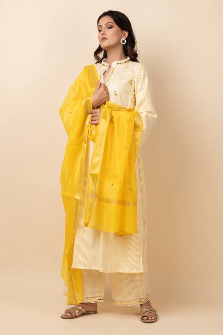 Buy_Kalakaari By Sagarika_Yellow Dupatta Chanderi, Kurta And Pant Cotton Striped Notched Set_Online_at_Aza_Fashions