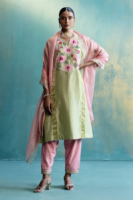 Shop_Shivani Bhargava_Pink Kota Silk Colorblock Dupatta_at_Aza_Fashions