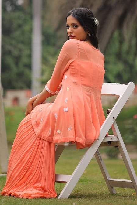 Shop_House Of Tushaom_Peach Georgette Embroidery Sequin Round Kurta And Sharara Set _Online_at_Aza_Fashions