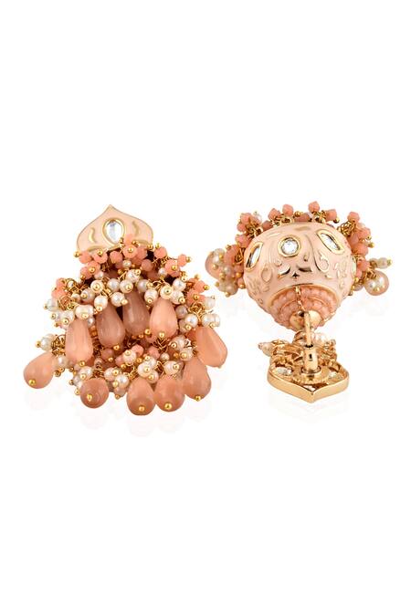 Curio Cottage_Peach 22kt Gold Plating Kundan Bead Drop Jhumkas_Online_at_Aza_Fashions