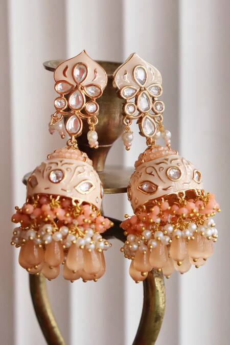 Buy_Curio Cottage_Peach 22kt Gold Plating Kundan Bead Drop Jhumkas_Online_at_Aza_Fashions