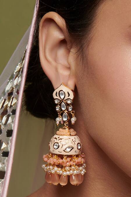 Shop_Curio Cottage_Peach 22kt Gold Plating Kundan Bead Drop Jhumkas_Online_at_Aza_Fashions