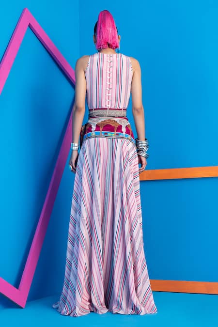 Shop_Limerick By Abirr N' Nanki_Multi Color Crepe Striped Plunge V Neck Femi Pattern Dress _at_Aza_Fashions