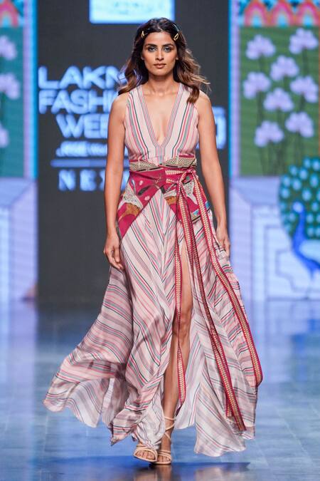 Limerick By Abirr N' Nanki_Multi Color Crepe Striped Plunge V Neck Femi Pattern Dress _Online_at_Aza_Fashions