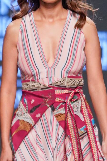 Limerick By Abirr N' Nanki_Multi Color Crepe Striped Plunge V Neck Femi Pattern Dress _at_Aza_Fashions