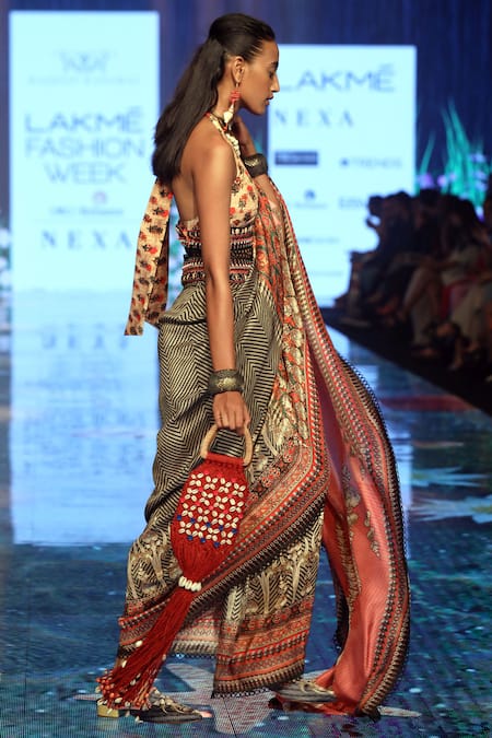 Rajdeep Ranawat_Pink 100% Silk Halter Embellished Pre-draped Saree _Online_at_Aza_Fashions