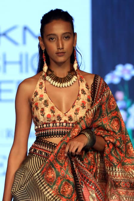 Rajdeep Ranawat_Pink 100% Silk Halter Embellished Pre-draped Saree _at_Aza_Fashions