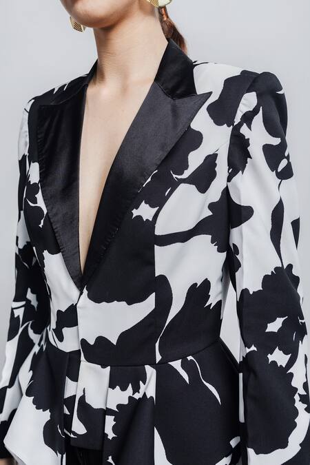 Zosia_Black Recycled Polyester Digital Print Collared Neck Peplum Top And Pant Set _Online_at_Aza_Fashions