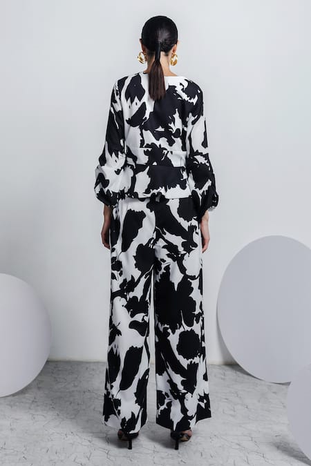 Shop Zosia Black Recycled Polyester Digital Print V Neck Top And Pant Set at Aza Fashions Shop_Zosia_Black Recycled Polyester Digital Print V Neck Top And Pant Set_at_Aza_Fashions