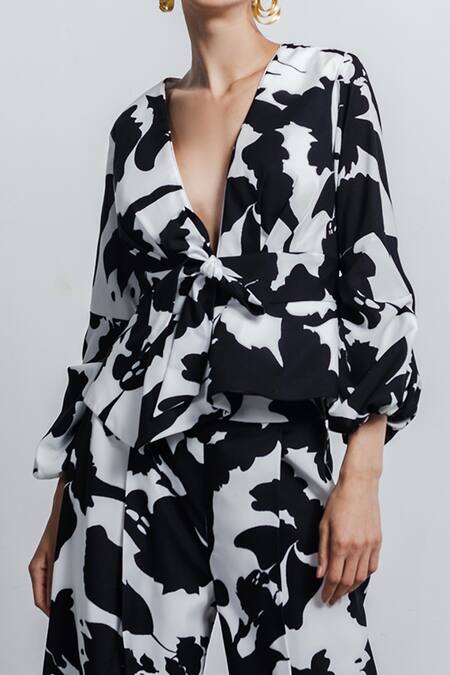 Zosia Black Recycled Polyester Digital Print V Neck Top And Pant Set Online at Aza Fashions Zosia_Black Recycled Polyester Digital Print V Neck Top And Pant Set_Online_at_Aza_Fashions